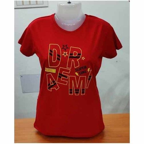 Ladies Round Neck T-Shirt - Cotton, Size XL/S/M/L, Red Color | Short Sleeves, Printed Pattern, Hand Wash Care, Casual Style for Adults