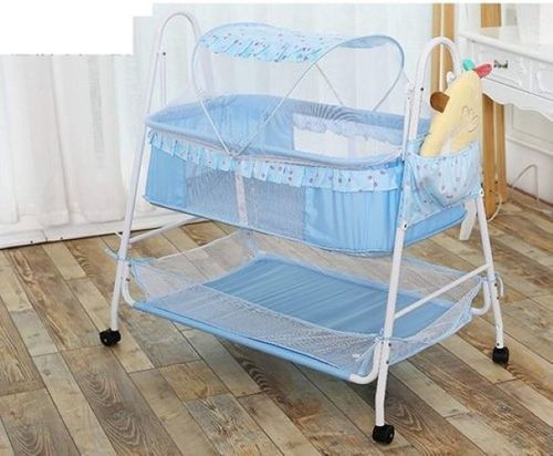 Blue Baby Cradle With Mosquito Net And Storage Basket