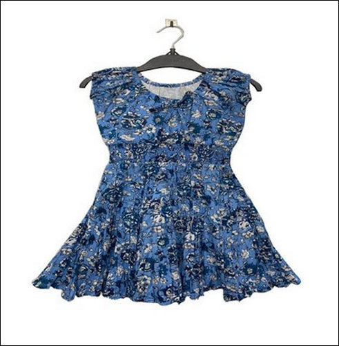 Washable Kids Cotton Blue Floral Printed Dress