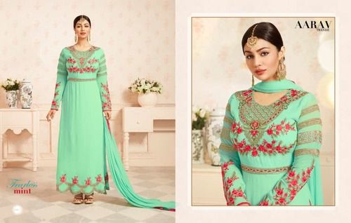 All Aarav 1002 Cool Green Semi Stitched Embroidered Suit