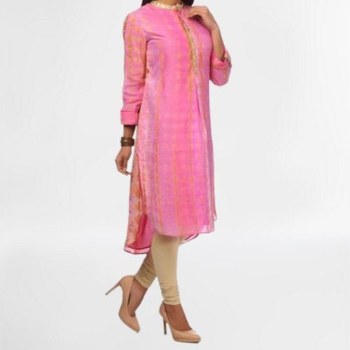 Pink Ladies Stylish Cotton Rayon Round Neck Printed Kurti