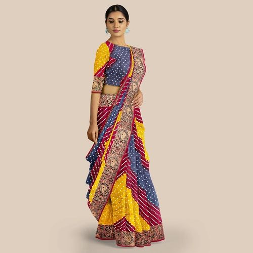 AKHILAM Women's Dola silk Bandhani Print Saree With Unstitched Blouse  Piece(Magenta_7TISHA708) : Amazon.in: Fashion