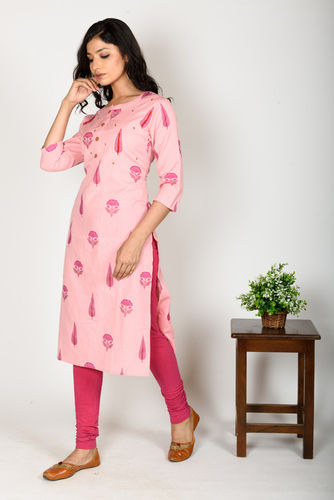 Washable 3/4 Sleeves Pink Color Printed Kurti