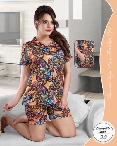 Multi Color Comfort Fit Satin Shorts Night Suit