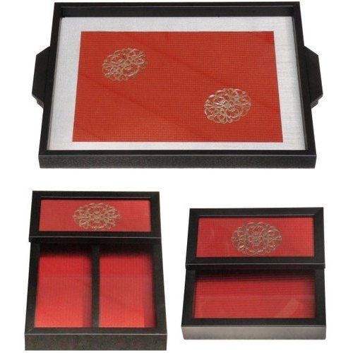 Brown Serving Tray With Tissue Cutlery Box Set