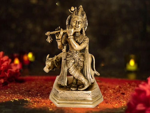 Brass God Krishna Statue With Flute And Cow