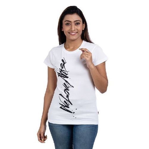 White Color Round Neck Printed Ladies T-shirt