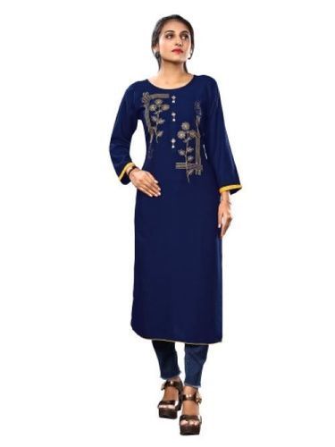 Blue Women Embroidered Rayon Straight Kurta