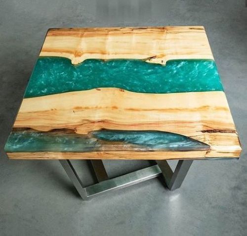 Wooden And Blue Highly Glossy Rectangular Shape Epoxy Table With 2 Feet Height