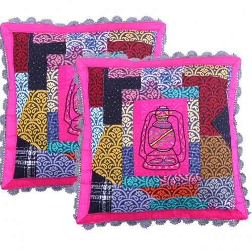 16a 16 Inch Multicolour Cotton Patchwork Laltain Hand Embroidery Pack Of 2 Cushion Cover