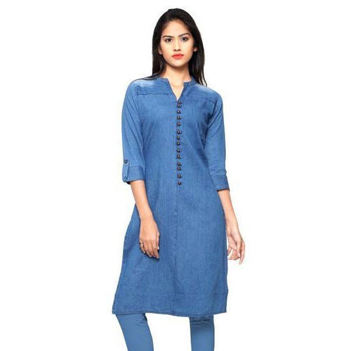 Washable Ladies Blue Denim Slim Fit Plain Kurti