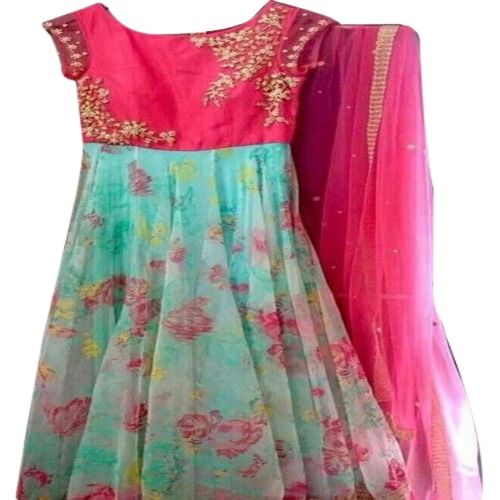 Sleeveless Cotton Stitched Kids Girl Modern Stylish Party Wear Long Gown Cum Frock