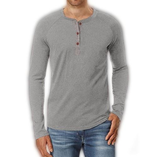 Mens Full Sleeve Grey Color Buttoned Round Neck Body Fit T Shirts Gender: Male