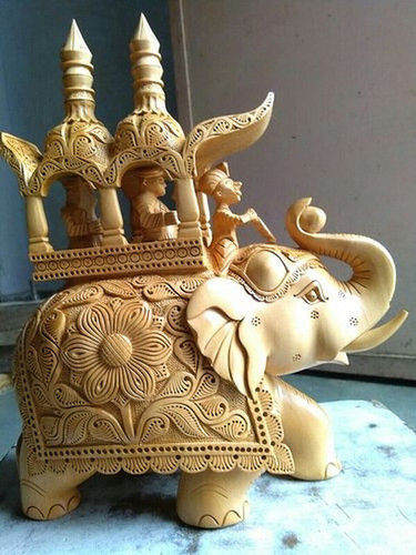 Wood Up Trunk Wooden Ambawadi Elephant Statue