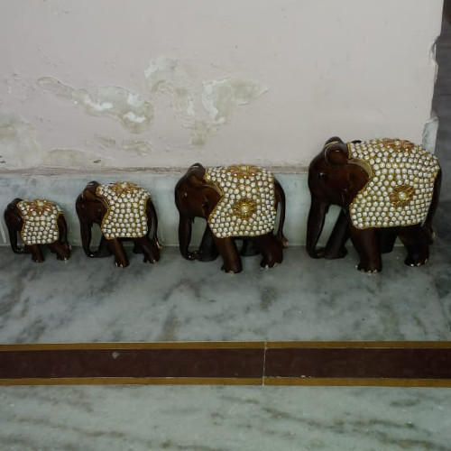 Wooden Elephant Statue With Beads Work