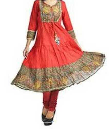 Red Embroidery Ladies 3/4Th Sleeves Cotton Long Kurti