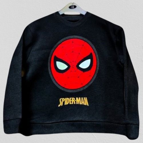 Washable Graphic Printed Spider Man Style Black Polyester Fleece Full Sleeves Kids Boy Trendy Sweatshirt