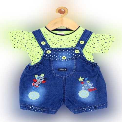 Dry Cleaning Pure Cotton Half Sleeve Cartoon Printed Denim Style Modern Babies Multicolor Dungaree