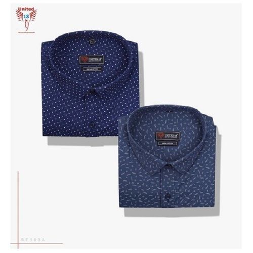 United 18 Formal Wear Collar Neck Blue Printed Cotton Shirts For Men