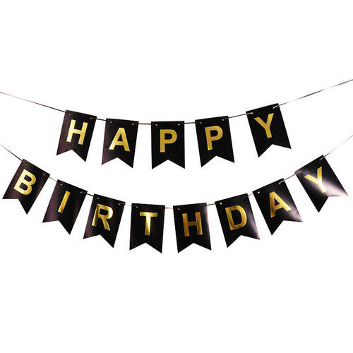Hippity Hop Happy Birthday Black Banner with Shimmering Gold Letter Pack of 1 for Party Decoration
