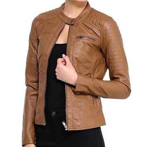 Plain Ladies Brown Full Sleeves Woolen Leather Jacket