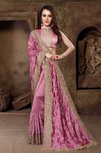 Pink Ladies Machine Embroidery Designer Cotton Polyester Sarees 