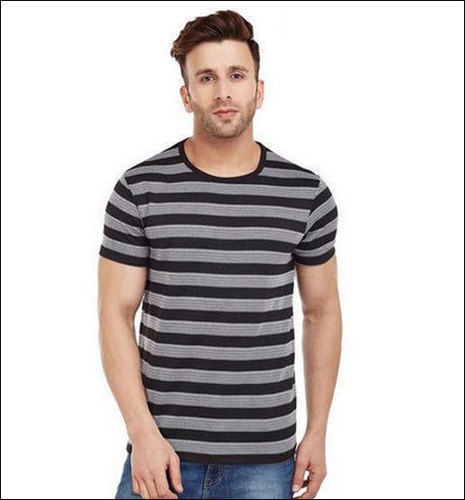 Cotton Black Striped Round Neck T Shirt For Men