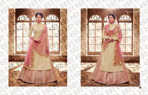 Nakkashi 11044 Pastel Yellow And Peach Semi Stitched Embroidered Suit Decoration Material: Stones