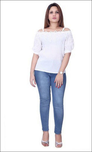 Pink Ladies White Casual Wear Half Sleeves Top