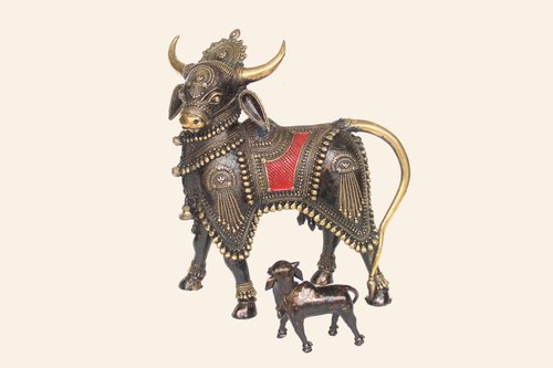 Brown Ornate Dhokra Metal Art Cow Figurine With Calf