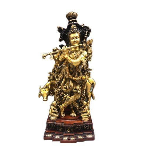 Golden Brass Krishna Statue With Cow