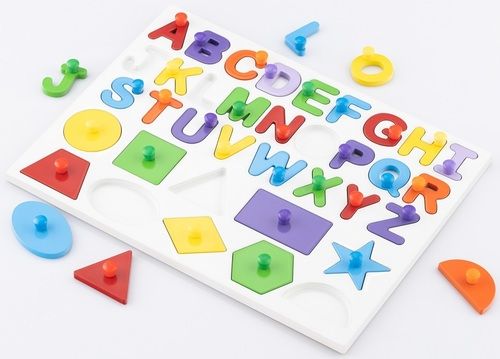 Multicolor Capital Alphabets With 10 Shapes Wooden Tray Puzzle