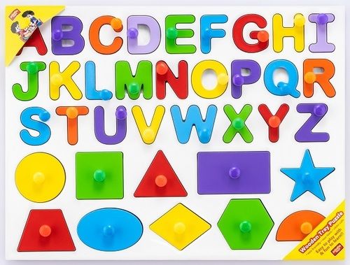 Multicolor Capital Alphabets With 10 Shapes Wooden Tray Puzzle With Knows