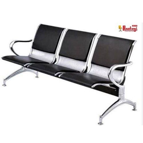 Black 3 Seater Leather Visitor Stainless Steel Chair With Armrest