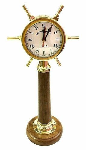 L A Brass Ship Handle Table Desk Clock Roman Number Wood Stand 12 Inch Height Color Of Band: Gold