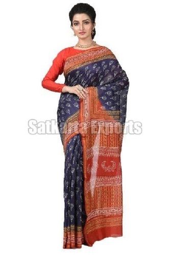 Festive Chanderi Silk Unstitched Saree (Blue And Orange)