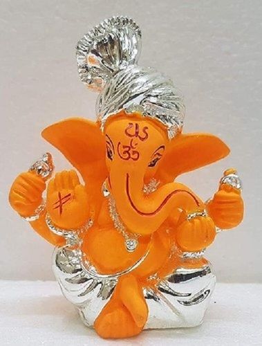 Easy To Clean Silver Plated Saffron Colour Lord Ganesha Statue