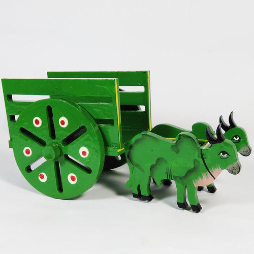 Hand Painted Wooden Orange Bullock Cart For Decoration