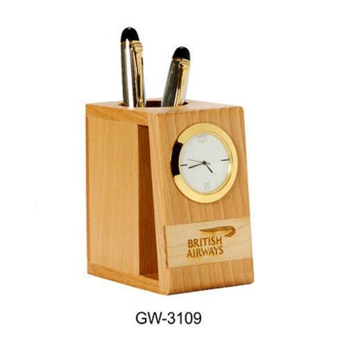 Promotional Office Table Top Wooden Pen Holder Cum Clock
