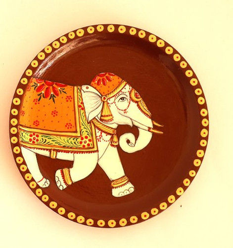 Wood Wooden Hand Painted Decorative Elephant Round Plate