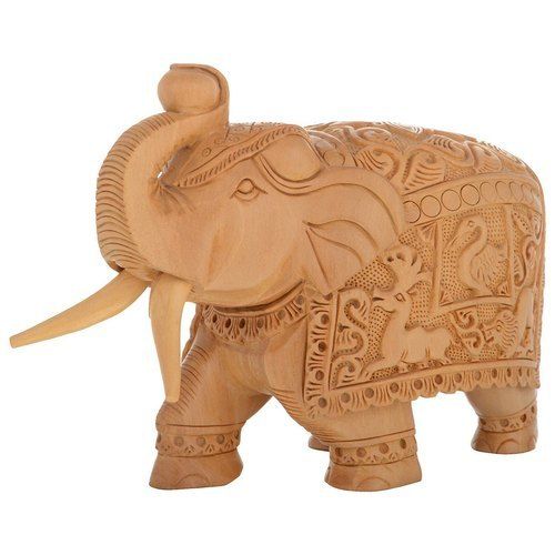 Light Walnut Color Wooden Elephant Up Trunk Show Piece