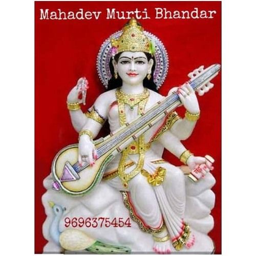 Gold Plated White Marble Goddess Saraswati Statue