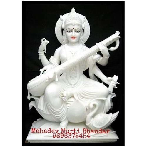 Handmade Matte Finish Pure White Marble Goddess Saraswati Statue