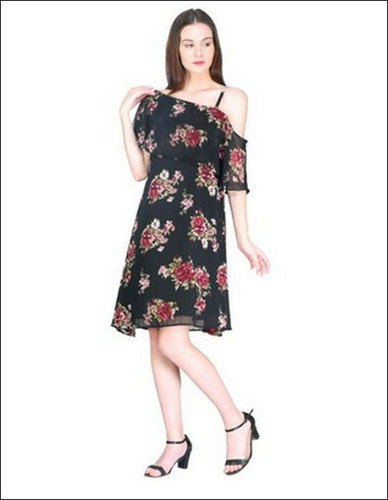 Ladies Party Wear Printed Off Shoulder Dress