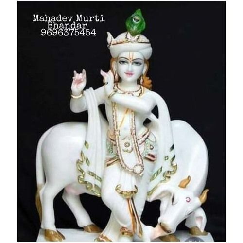 Easy To Clean Matte White Marble Lord Krishna Statue