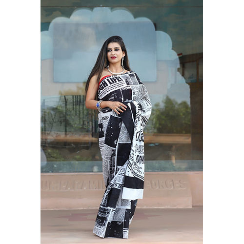 Daily Wear Black And White Bollywood Style Cotton Mulmul Ladies Saree