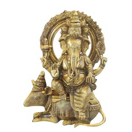 Golden Brass Ganesha On Mushak Statue