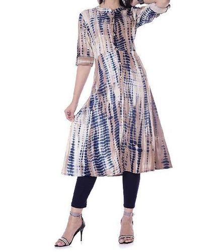 Blue & Skin Chiffon 3/4Th Sleeve Printed Kurti For Ladies (Size S, M, L)