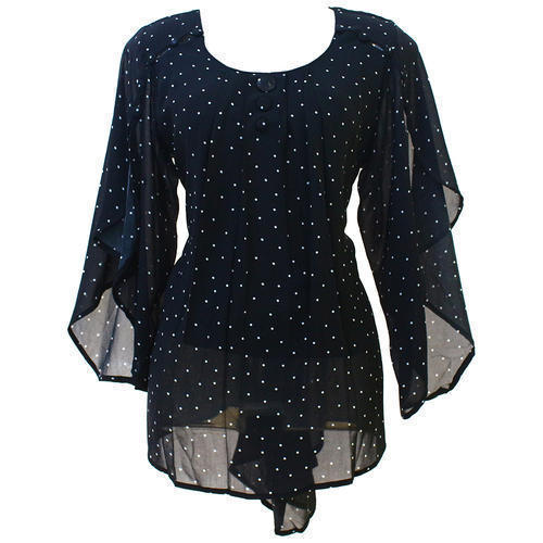 Summer Ladies White Dotted Printed Cotton Fancy Tops (Black)