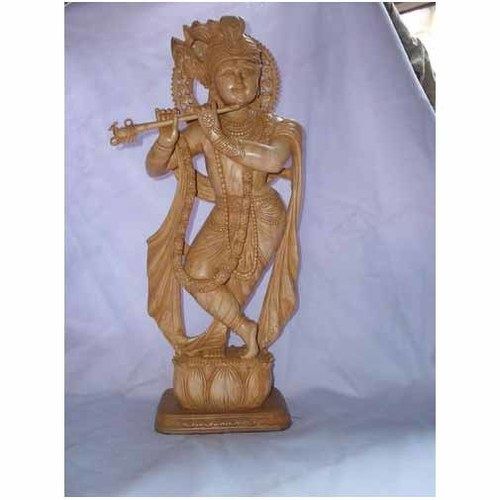 Glossy Brown Wooden Standing Krishna Statue